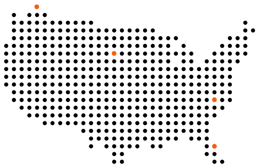 A stylized map of the United States that has 4 small orange dots indicating the locations of CentralSquare offices (Lake Mary, FL; High Point, NC; Sioux Falls, SD; and Kelowna, BC)