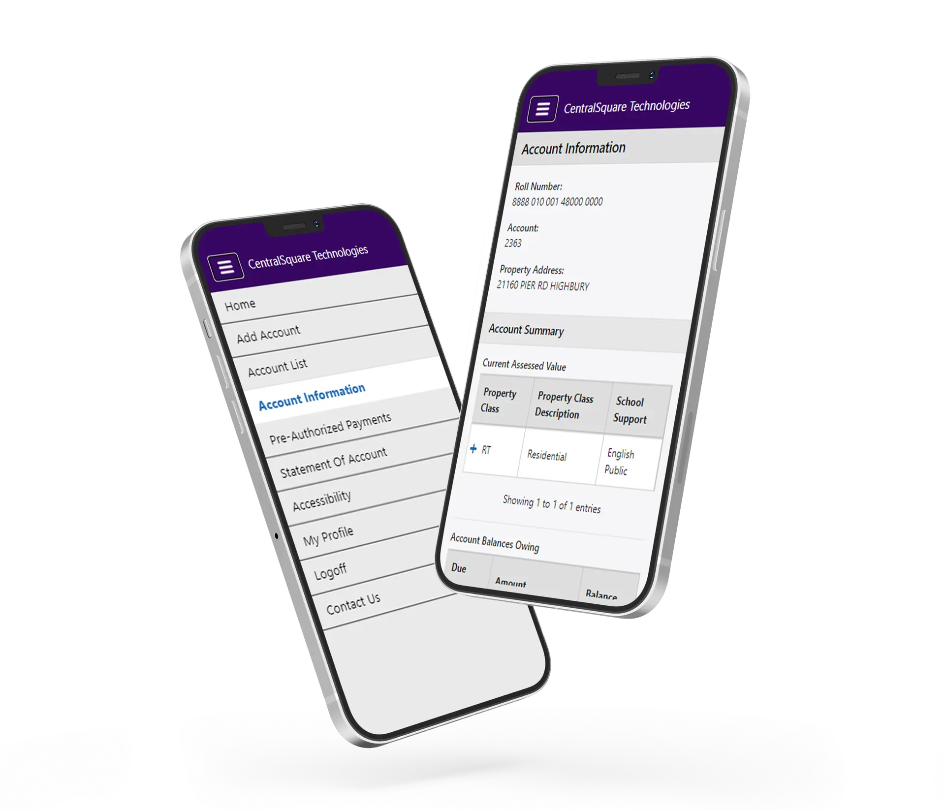 Two mobile phones display different views of CentralSquare's Property Tax mobile solution.