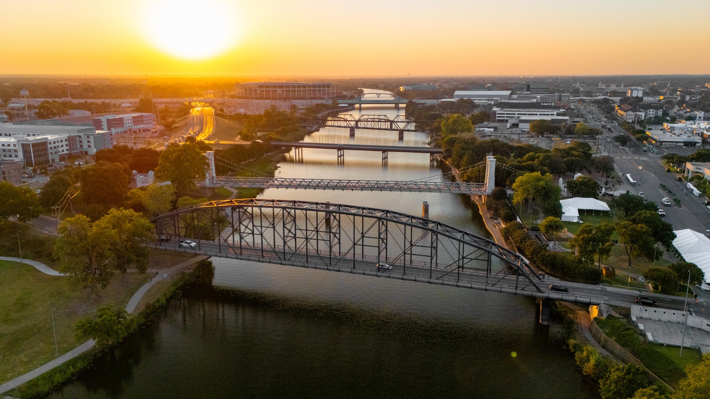 Sunrise Aerial Over Brazos River Bridges