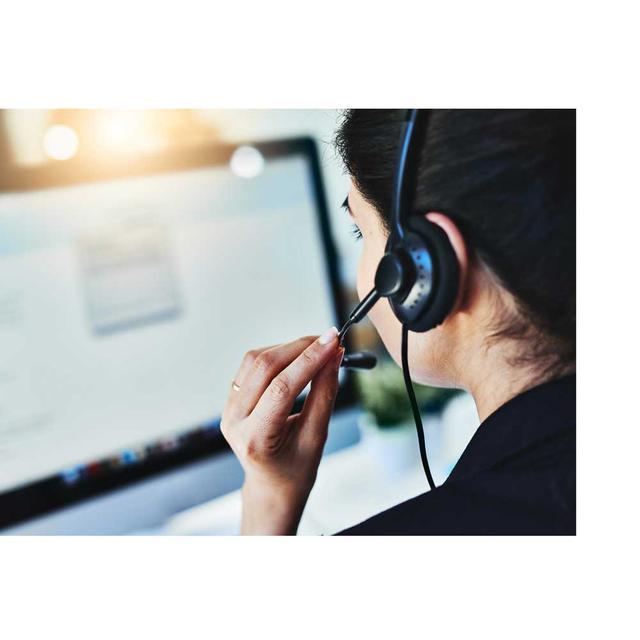 A woman speaks into a headset as she looks at a computer screen.