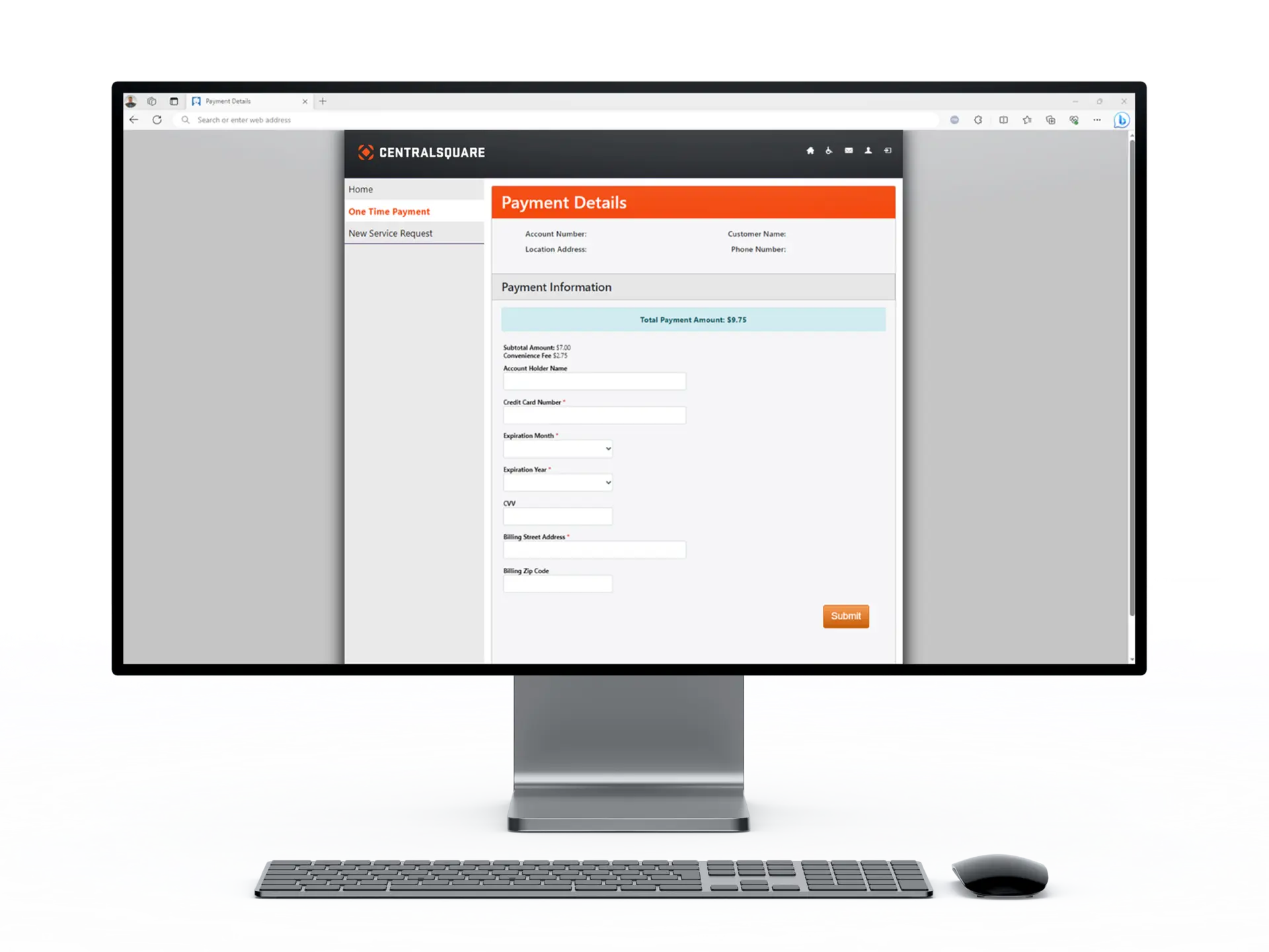 A desktop displays CentralSquare's Payments solution interface.